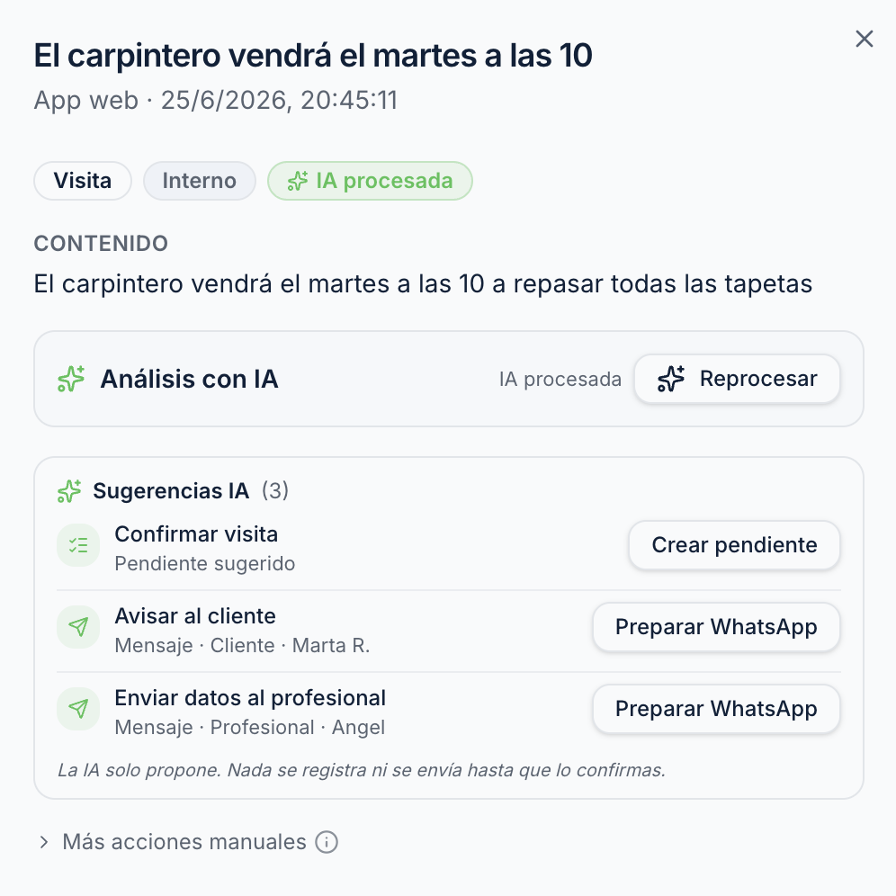 Sugerencias de IA: pendientes, acuerdos y mensajes preparados para validar