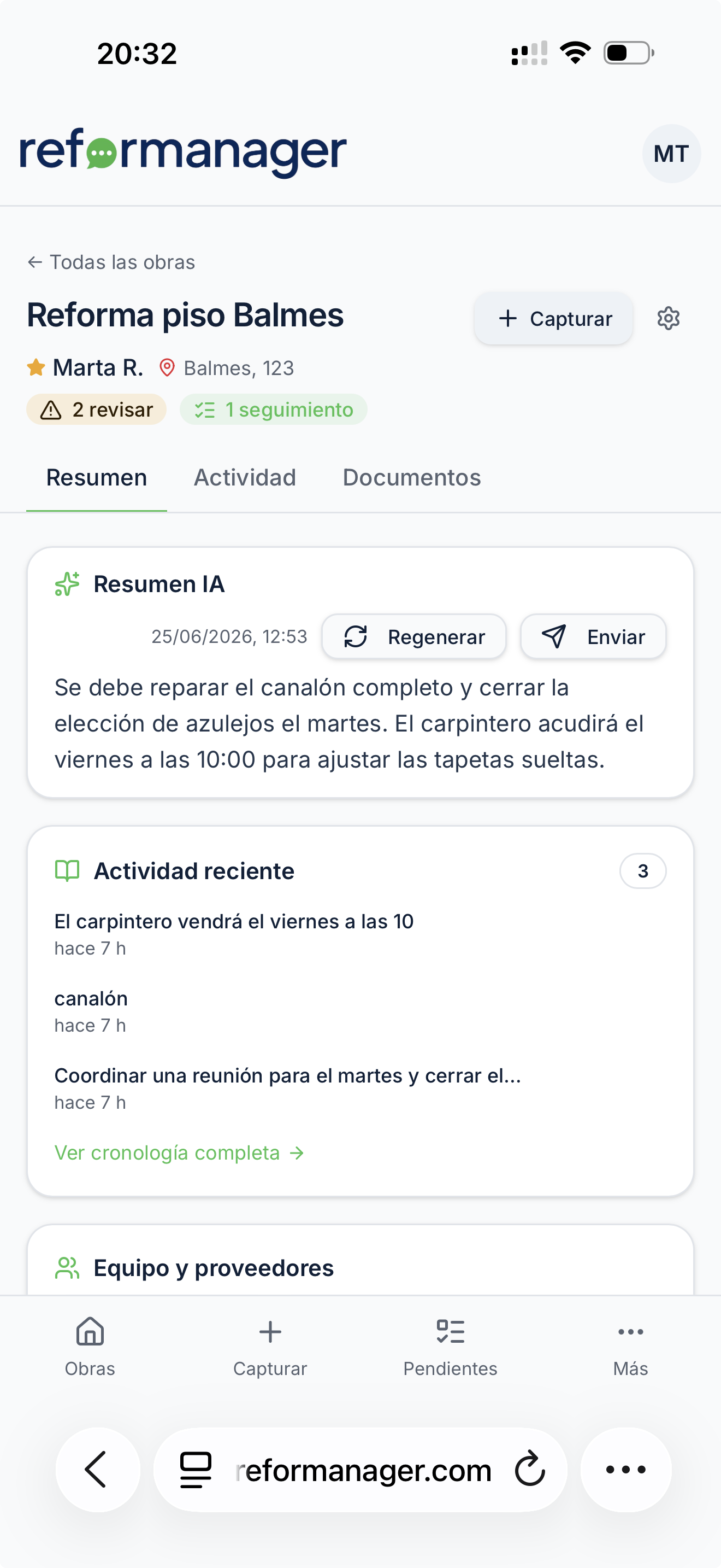 Reformanager organizando audios, fotos y acuerdos por obra