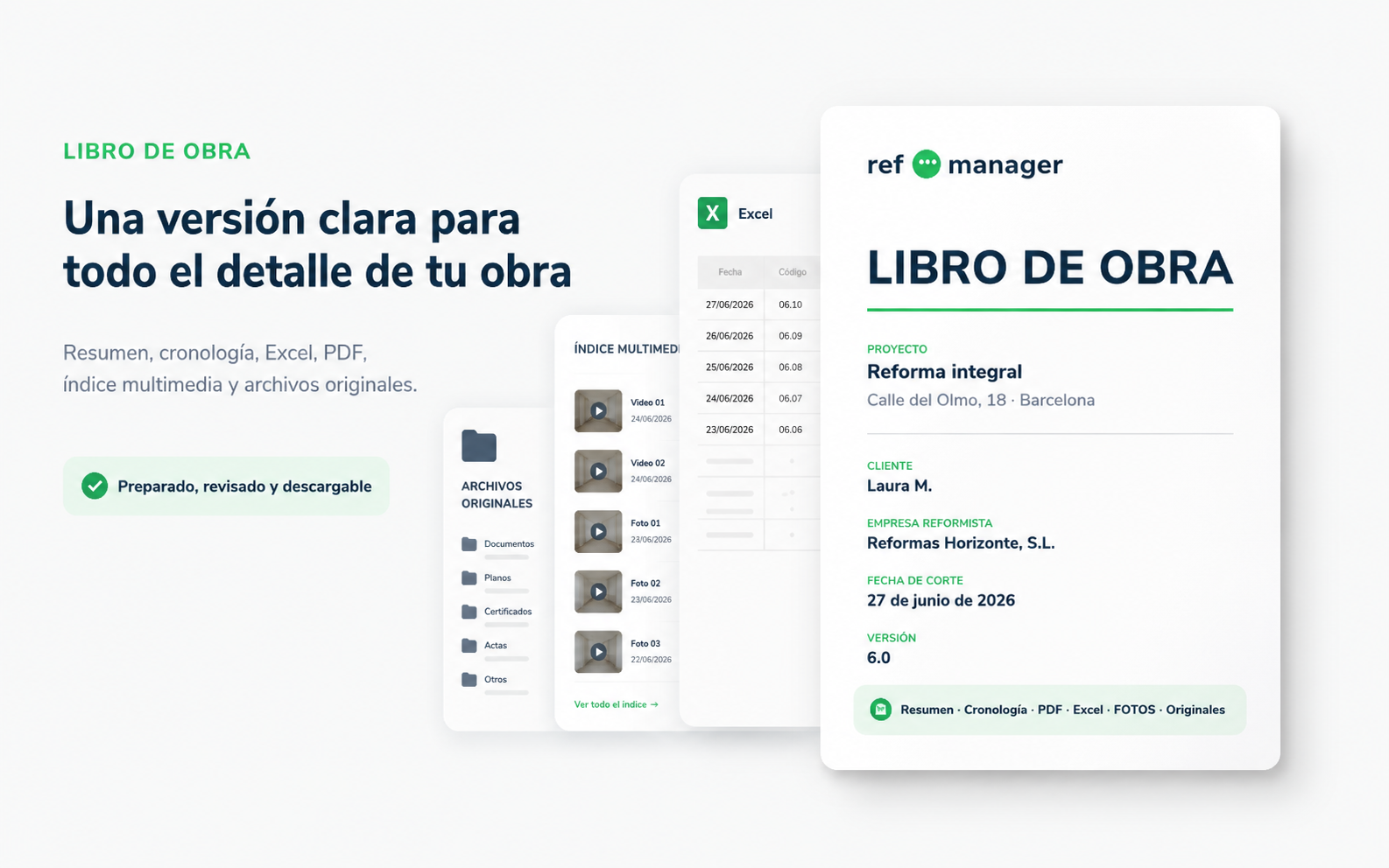 Ejemplo de Libro de obra de Reformanager con PDF, Excel, fotografías, índice multimedia y archivos originales