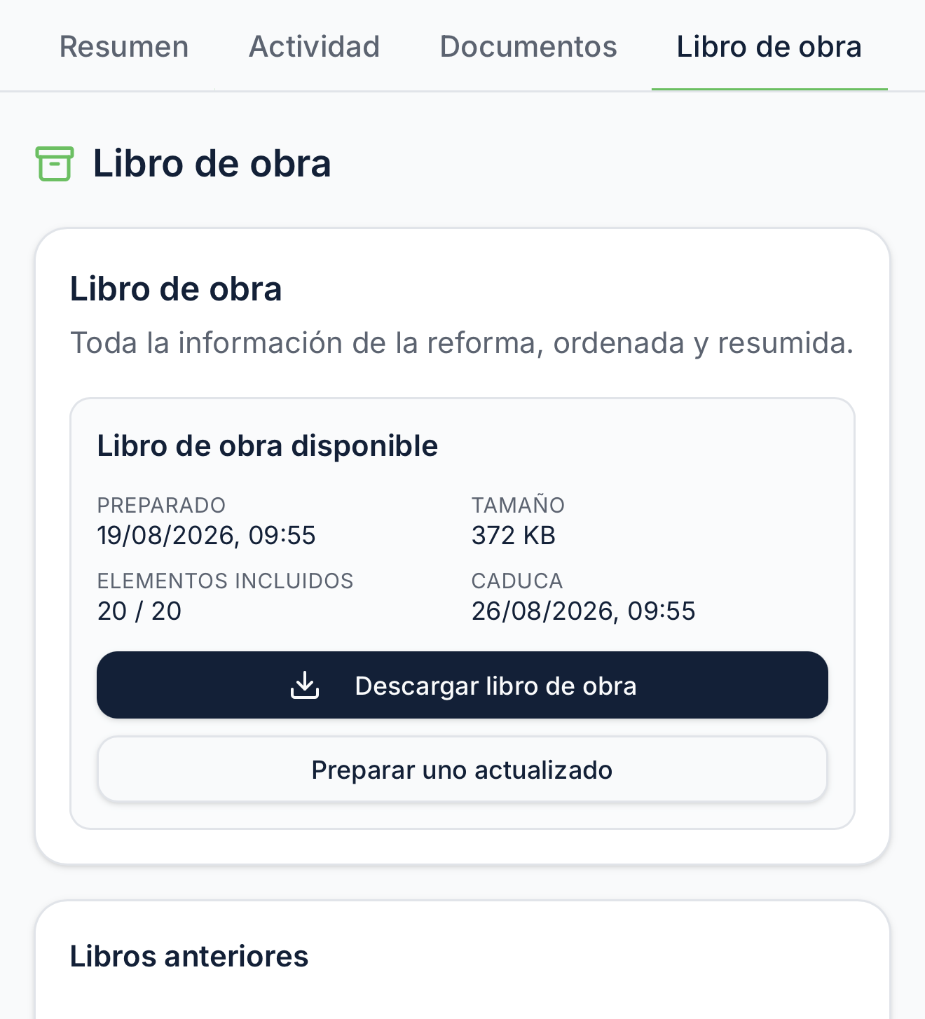 Pantalla de Reformanager para descargar y actualizar el Libro de obra de una reforma